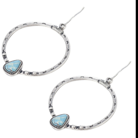 Silver Turquoise Hoop Drop Earrings Southwestern - Picture 4 of 6